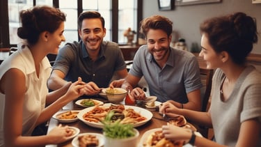 Cozy restaurant setting with delicious dishes on the table, inviting customers to dine