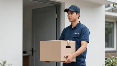 A professional team member of Woning Ontruim Service in a neat uniform carrying a cardboard box respectfully out of a clean house in Amsterdam, soft overcast daylight.