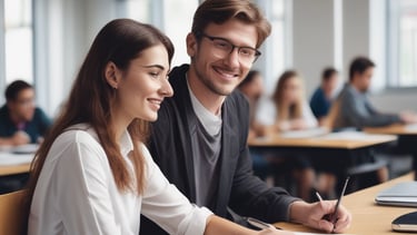 A classroom setting with a lecturer engaging students in business topics