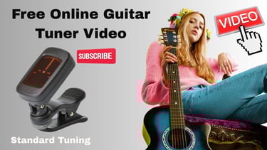 A free online guitar tuner video tutorial featuring a YouTube virtuall tuner and an acoustic guitar.