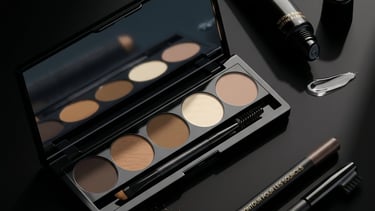 Professional brow makeup kit featuring a neutral eyeshadow palette, two brow liners, and clear setting gel.