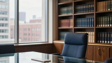 A professional photograph of a North American legal consultation room with large windows overlooking a city. An elegant glass conference table sits in front of a wall of dark wood bookshelves. The lighting is bright and authoritative, utilizing a palette of navy blue upholstery and gold accents.