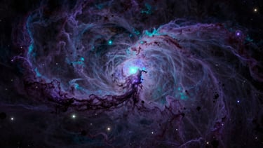 Vast wide-angle cosmic nebula, deep violet and cyan dust clouds, high-contrast bioluminescent stars, dark cinematic photography, 35mm lens