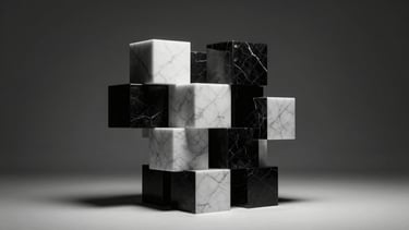Dramatic chiaroscuro studio lighting on a complex abstract 3D geometric structure of interlocking black and white marble blocks, high contrast, absolute minimalist architectural style