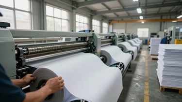 Wide environmental shot of a paper production line interior, a worker's hands adjusting a reel on a large cutting machine, facility floor and machinery extending into mid-ground, natural light from high windows mixing with overhead fluorescent, stacks of cut product visible at right