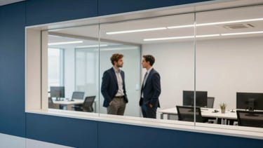A clean, modern North American / US corporate office interior. Two professional business partners in smart attire are seen in a blurry background through a glass partition, symbolizing teamwork and trust. The foreground shows sharp architectural lines of a premium workspace with a midnight blue and cloud white color palette, capturing a result-driven business atmosphere.