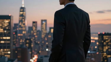 Cinematic photography of a professional person in high-end North American business attire looking out over a city skyline at dusk, silhouette against bright city lights.