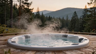 Wide panoramic warm editorial photography of steam rising from a private outdoor jacuzzi on a wooden deck at dusk, warm ambient lighting, surrounding pine forest, soft focus, 35mm