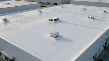 A professional high-angle photograph of a large commercial warehouse in New Jersey featuring a newly installed white TPO flat roof. The shot is captured during a clear morning, highlighting industrial textures and professional craftsmanship. North American / US industrial setting.