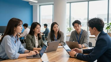 A candid photography shot of a collaborative group of professionals in a modern, sunlit North American / US tech workspace, featuring bright blue and soft white decor. They are engaged in an active discussion around a large wooden table with tablets and laptops, reflecting an intelligent and approachable community atmosphere.
