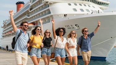 A cheerful family boarding a cruise ship under a bright Caribbean sky