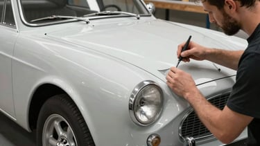 A classic car being carefully masked by an artisan in a workshop in French / Charente-Maritime, preparing for a high-end color change.