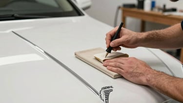 Action shot of an artisan meticulously polishing the hood of a luxury sedan, soft workshop lighting highlighting the flawless paint depth in French / Charente-Maritime.