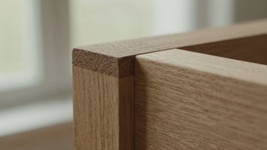 Macro close-up of a mortise and tenon joint in light oak wood, showing tactile grain and precise craftsmanship under soft natural light, 35mm.