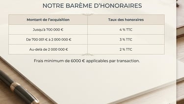 Tableau du barème d'honoraires de SerenFind & Install : jusqu'à 700 000 € (4 % TTC), de 700 001 € à