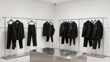 Brushed metal apparel hanging racks and a low display table in a high-contrast minimalist clothing boutique