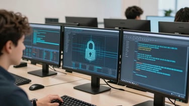 A close-up of hands typing on a laptop with digital data overlays