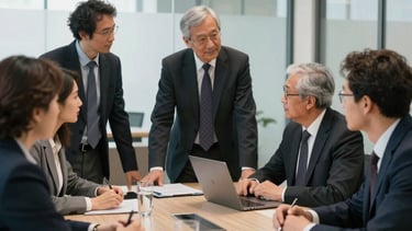 A group of scholars in professional attire collaborating around a table in a bright, modern glass-walled meeting room.