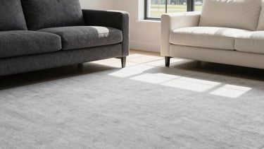 Professional high-resolution photograph of a sunlit living room in a modern Virginia suburban home. The focus is on a pristine, freshly steam-cleaned light gray carpet. Minimalist furniture in charcoal and off-white tones creates a clean, professional aesthetic. Natural bright light coming from a large window. América do Norte / EUA (Virgínia).