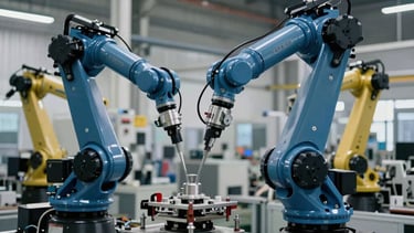 Wide shot of a modern factory floor with automated robotic arms and assembly lines, deep blue and metallic gray tones, professional industrial photography.