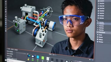 A computer screen showing a complex 3D engine model in CAD software, with the reflection of a Southeast Asian / Indonesian Student wearing safety glasses, blue lighting.