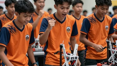 A group of Southeast Asian / Indonesian Students cheering around a competitive robotics arena, dynamic motion, vibrant orange and dark blue jerseys, professional photography.