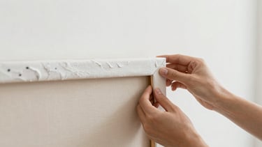Close-up shot of hands inspecting the gallery-wrapped edge of a heavy-gauge linen canvas stretched on pine, soft natural daylight, minimalist artist studio background, 50mm