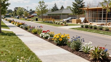 Close-up of detailed architectural blueprints and a hand drawing plans.