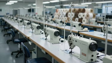 Wide environmental shot of a clean, industrial manufacturing floor in Portugal, rows of modern sewing machines under cool-toned daylight, raw textile rolls stacked in the background.