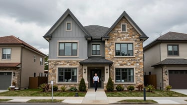 Environmental wide shot of a residential building exterior on an overcast day, diverse housing types visible, a staff member walking toward the entrance, muted grey and warm stone tones