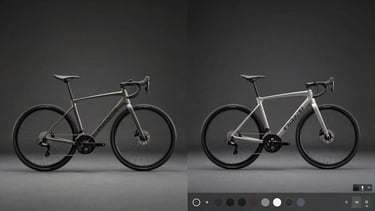 Wide split-screen configurator comparison: left side shows a static product photo of a bicycle, right side shows the same bicycle rendered live in a 3D configurator UI with color options active — clean studio light, dark neutral background, high-key detail