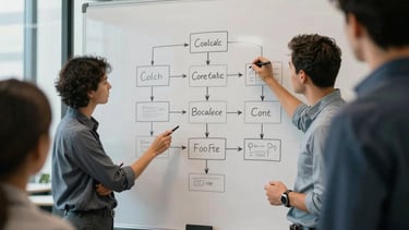A group of professionals in a modern office having a collaborative brainstorming session around a whiteboard with app flow diagrams. Global / Western.