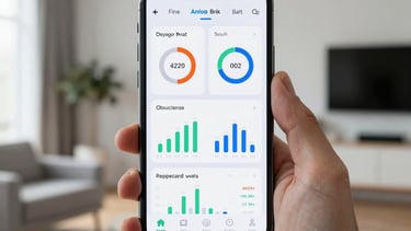 A clean shot of an Android smartphone displaying a complex dashboard with charts and data, held by a person in a minimalist, modern apartment. Global / Western.