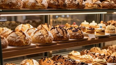 Photography of a sophisticated, modern bakery display in a South American / Brazilian setting. The scene features artisanal breads and elegant pastries on dark wood shelves, with warm golden lighting accentuating the textures. The color palette includes cream, gold, and deep brown, creating an atmosphere of reliability and high quality.