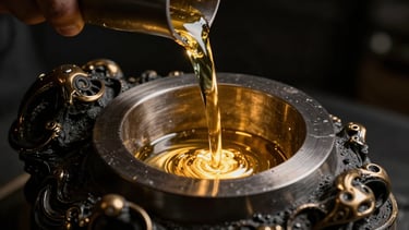 Extreme close-up of a liquid bronze sculpture being poured into a precision steel mold, glowing golden light reflecting off dark charcoal metal, high contrast, cinematic 35mm