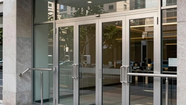 A professional architectural photograph of a modern building entrance in a Hispanic city featuring high-precision tempered glass doors and polished stainless steel handrails. Bright daylight reflecting off the clean metallic surfaces, wide angle shot, sharp details.