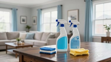 A bright and airy North American home interior showcasing a pristine living room with light gray walls and pale blue accents. Professional-grade cleaning supplies are subtly placed on a polished dark wood table. Natural light creates a trustworthy and professional atmosphere. High-quality photography style.