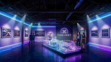 Visitors at an immersive Torqart automotive art gallery featuring a neon wireframe racing car display.