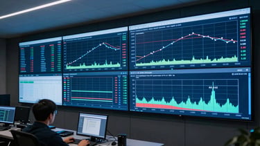 Wide-angle environmental shot of a system monitoring dashboard on large wall-mounted screens in a dimly lit NOC room, multiple time-series graphs showing network throughput and latency metrics, operator chair in foreground slightly out of focus, cool blue ambient light from screens