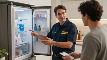 Un técnico uniformado explicando amigablemente el funcionamiento de un filtro de agua de refrigerador a un cliente en una cocina iluminada.