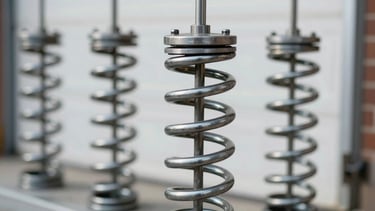 Close-up macro shot of a freshly installed and calibrated garage door torsion spring, industrial steel tones, sharp focus, realistic depth of field.