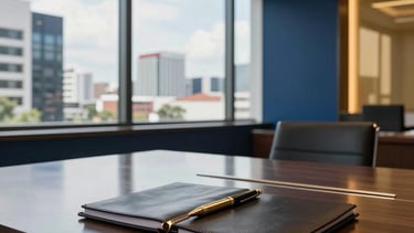 A high-end, professional office space in San José, Costa Rica. A sleek meeting table with a leather planner and gold pen sits in the foreground. Through large windows, a view of modern Central American city architecture is visible under clear daylight. The interior features elegant navy blue accents and warm gold lighting, reflecting a premium corporate atmosphere.