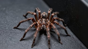 Macro photograph of a brown spider in a dark corner, sharp focus on its eyes, clinical daylight, sterile background.