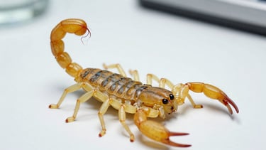 Clinical macro shot of a yellow scorpion, Tityus serrulatus, showcasing its stinger under bright white laboratory lighting.