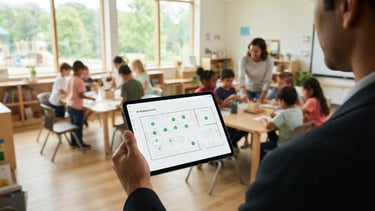 Bright modern classroom filled with soft natural daylight, a teacher interacting with students in the background, clean over-the-shoulder view of a tablet displaying an anonymous spatial headcount dashboard with green checkmarks, 35mm.