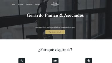Página principal del bufete de abogados Gerardo Panico & Asociados, que incluye una estatua de la Da