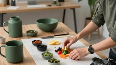 A high-angle, professional photography shot in a cozy North American creative studio. A digital strategist is seen from the side, arranging vibrant culinary ingredients on a crisp parchment table for a content shoot, surrounded by matte forest green props and high-end camera equipment. In the background, a minimalist workstation shows a blurry view of a social media growth dashboard. The lighting is soft and natural, emphasizing a sophisticated, down-to-earth agency atmosphere.