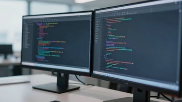 Close-up macro shot of a high-end developer workstation in a cool-toned corporate office, showing clean software code on a dual-monitor setup, sharp focus, architectural lines