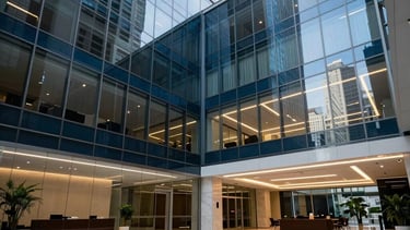 Photography of a modern and sophisticated corporate office lobby in São Paulo, Brazil, featuring glass architecture, high ceilings, and soft natural light reflecting on polished stone floors, conveying a sense of security, innovation, and trust, with deep blue and white tones throughout the scene.