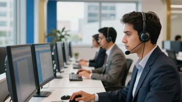 Photography of a modern and bright customer service center in a South American / Brazilian corporate district. Professionals are working at clean white desks with advanced headsets and computer monitors. The environment is professional and efficient, with steel blue and gold decorative accents. Natural light spills through large windows, creating a welcoming and high-quality atmosphere.